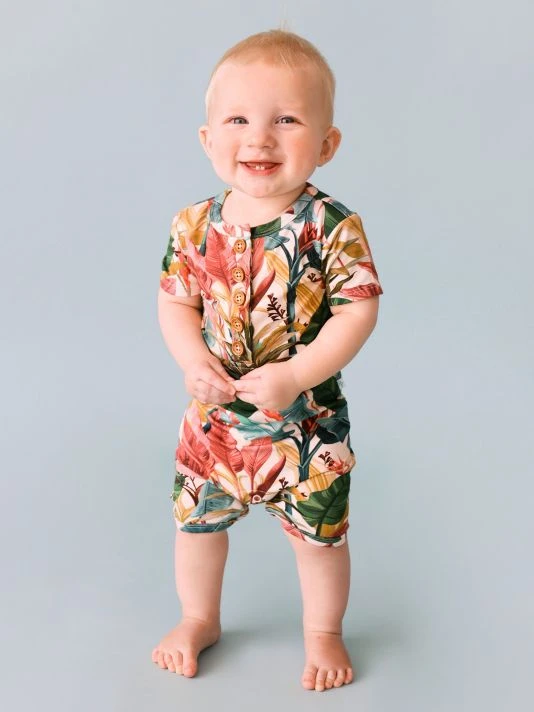 Posh Peanut Baby Boy's Tropicana Henley Short Sleeve Romper For Kids 4 Posh Peanut Baby Boy's Tropicana Henley Short Sleeve Romper For Kids - Image 2