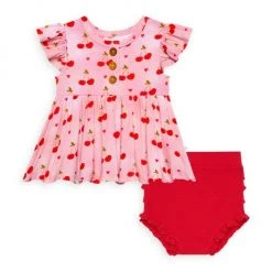 Posh Peanut Baby Girl's Very Cherry Henley Peplum Top & Bloomers Set For Kids