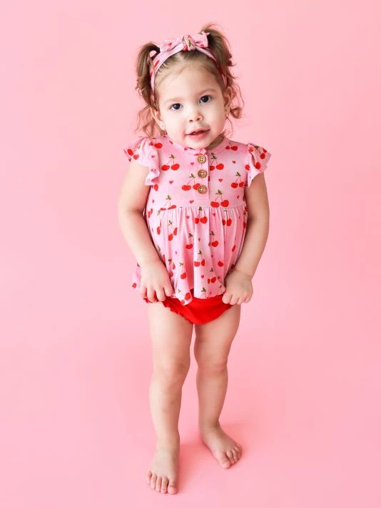 Posh Peanut Baby Girl's Very Cherry Henley Peplum Top & Bloomers Set For Kids 9 Posh Peanut Baby Girl's Very Cherry Henley Peplum Top & Bloomers Set For Kids - Image 7